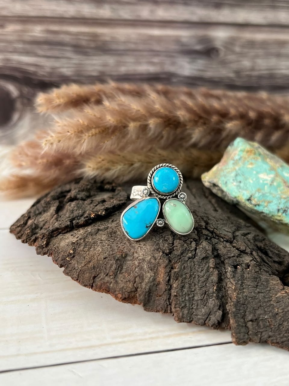 Handmade Sterling Silver Paloma with Blue Kingman Turquoise Adjustable Ring Signed Nizhoni