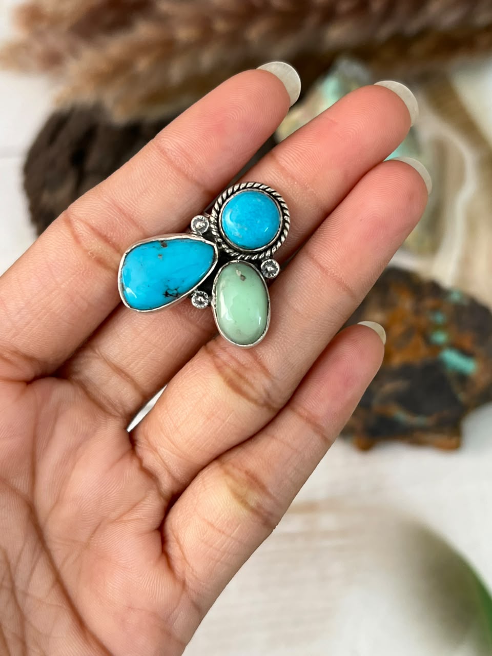 Handmade Sterling Silver Paloma with Blue Kingman Turquoise Adjustable Ring Signed Nizhoni