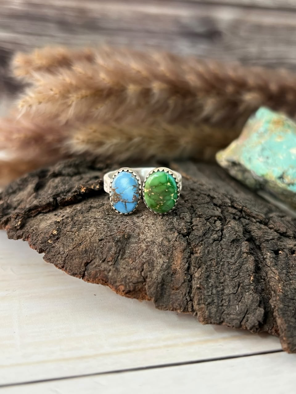 Handmade Sterling Silver Golden Hills with Sonoran Mountain Turquoise Adjustable Ring Signed Nizhoni