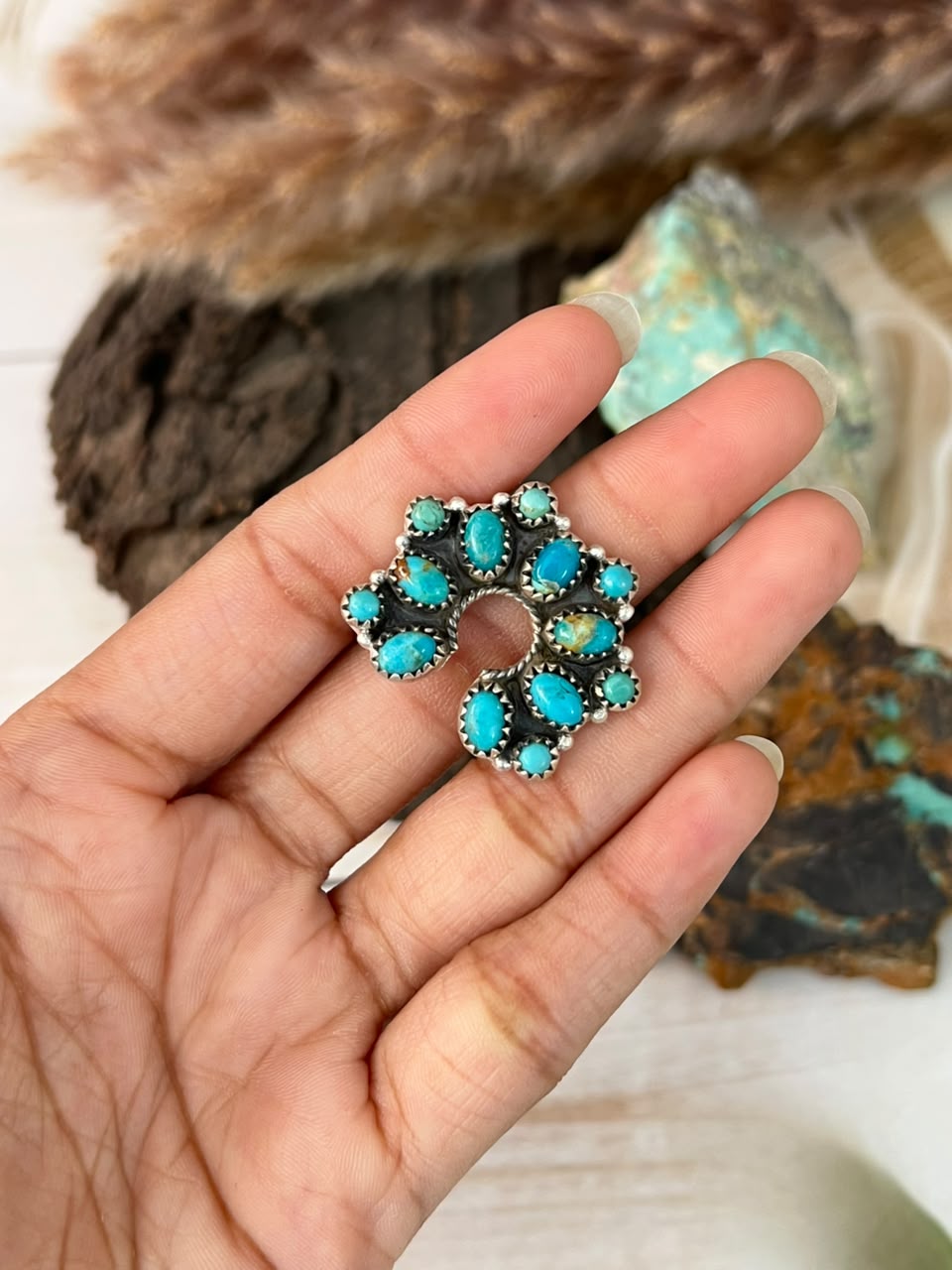 Handmade Sterling Silver Kingman Turquoise Adjustable Naja Ring Signed Nizhoni
