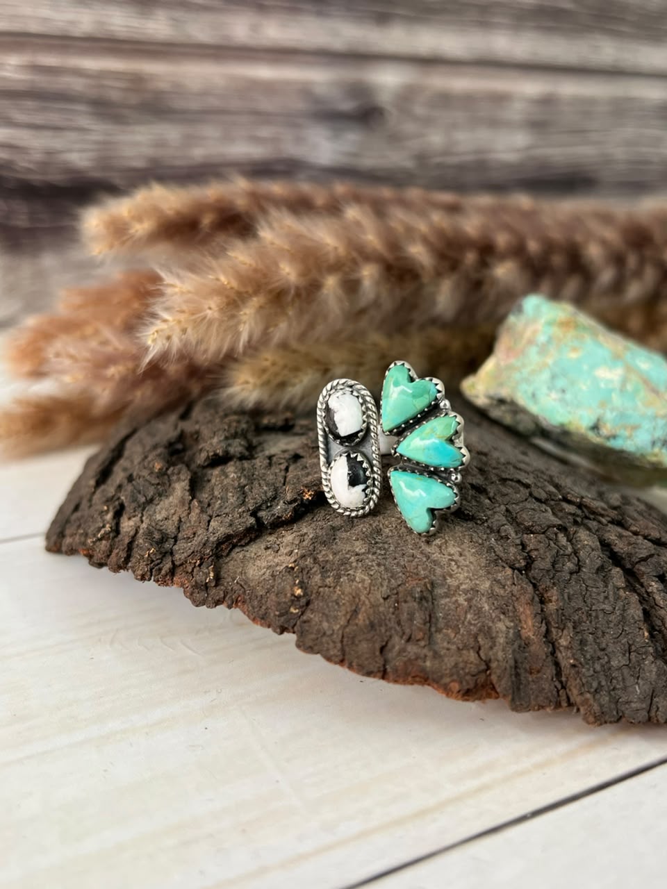 Handmade Sterling Silver Kingman Turquoise and White Buffalo Adjustable Ring Signed Nizhoni