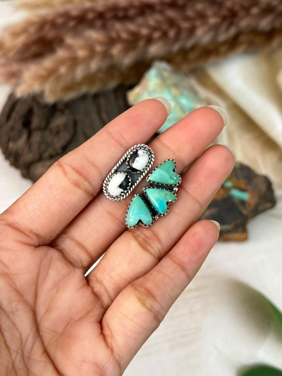 Handmade Sterling Silver Kingman Turquoise and White Buffalo Adjustable Ring Signed Nizhoni