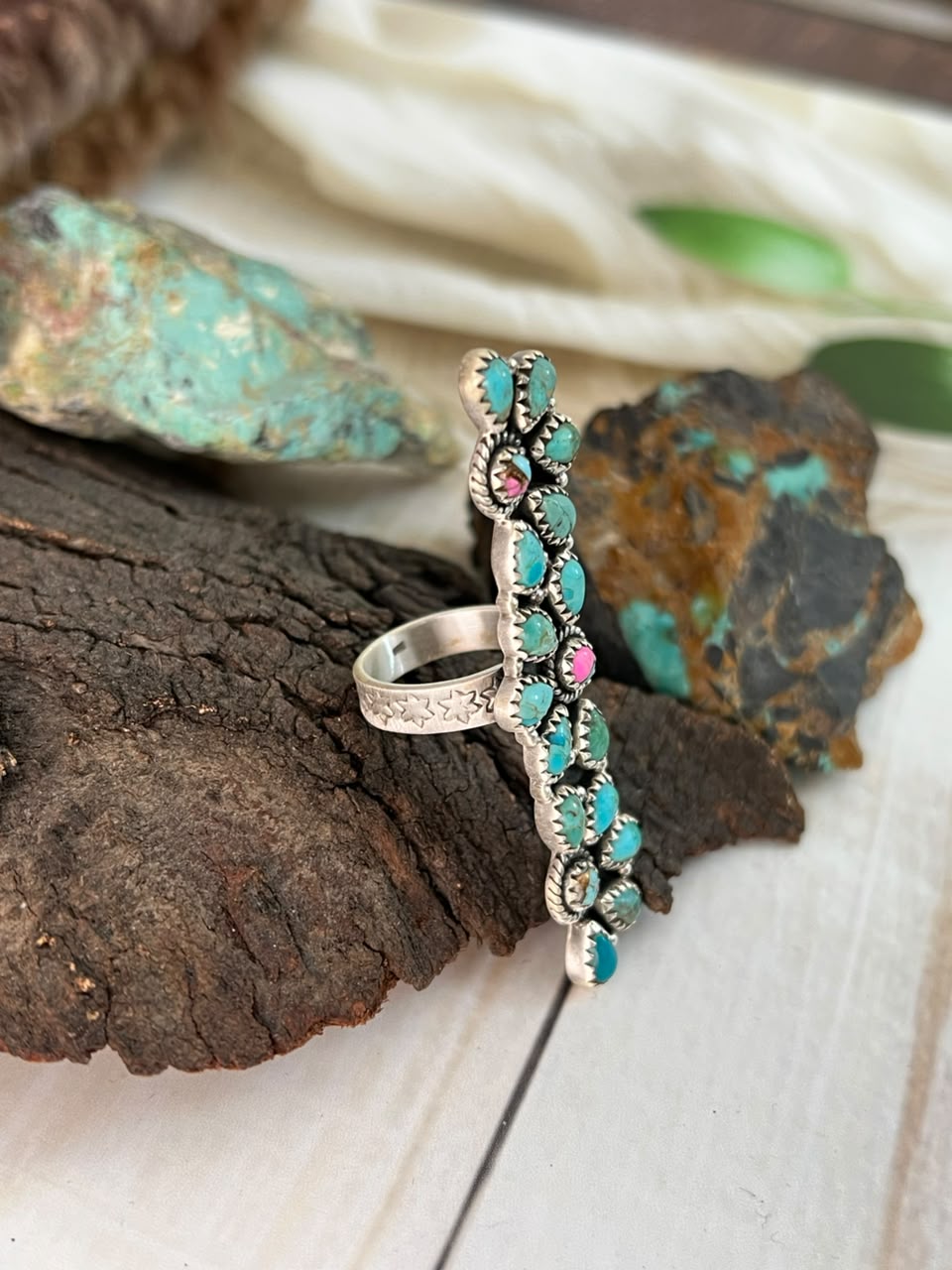 Handmade Sterling Silver Kingman Turquoise with Cotton Candy Adjustable Ring Signed Nizhoni