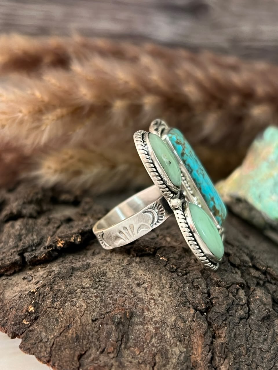 Handmade Sterling Silver Paloma with Blue Kingman Turquoise Adjustable Ring Signed Nizhoni