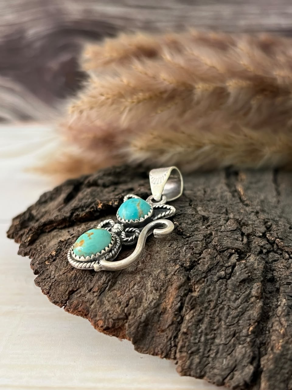 Handmade Sterling Silver Kingman Turquoise Cat Pendant Signed Nizhoni