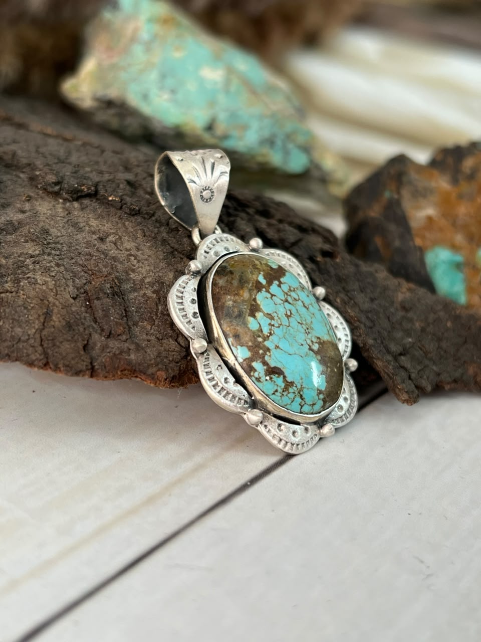 Handmade Sterling Silver Number 8 Turquoise Pendant Signed Nizhoni