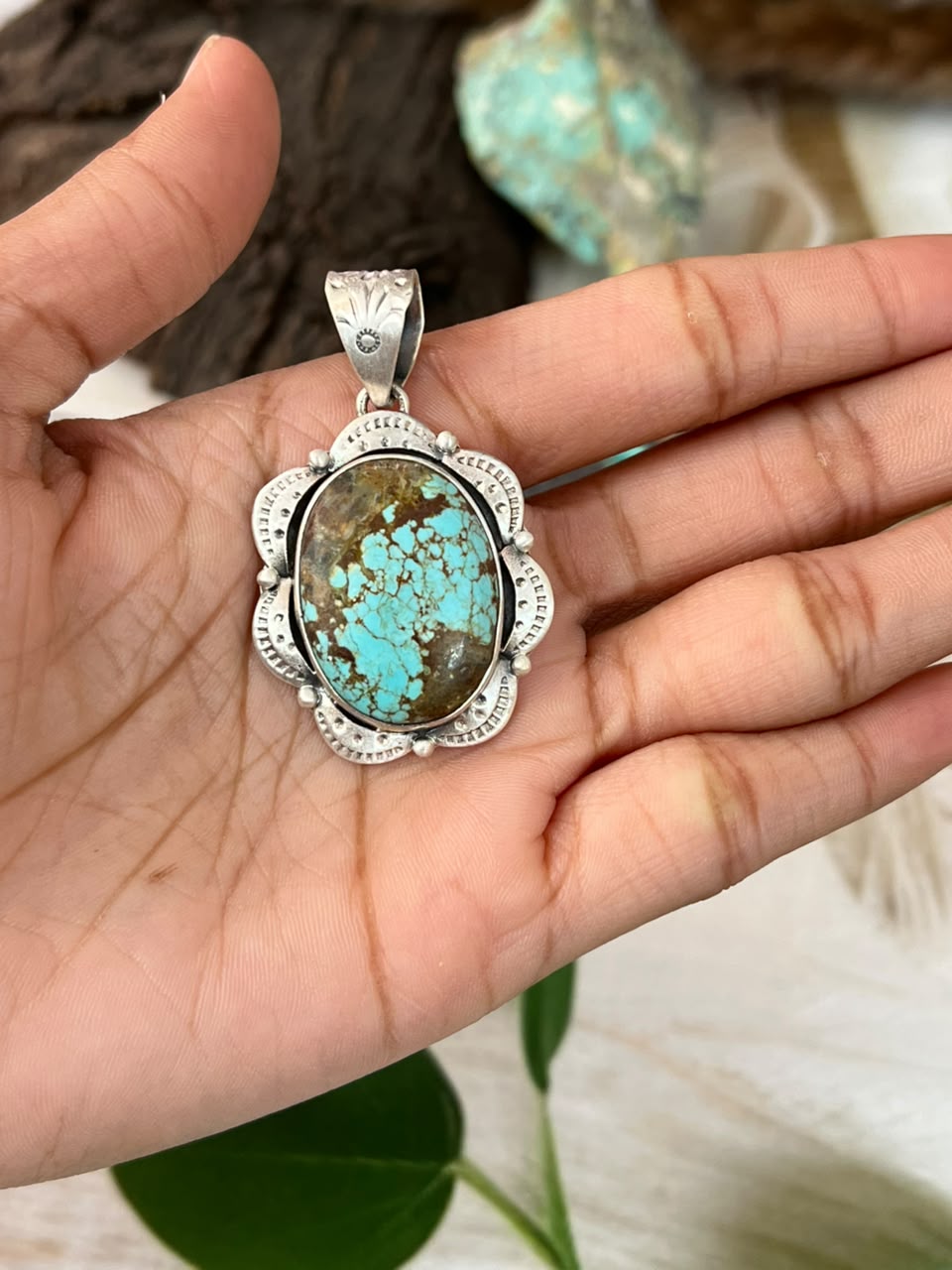 Handmade Sterling Silver Number 8 Turquoise Pendant Signed Nizhoni