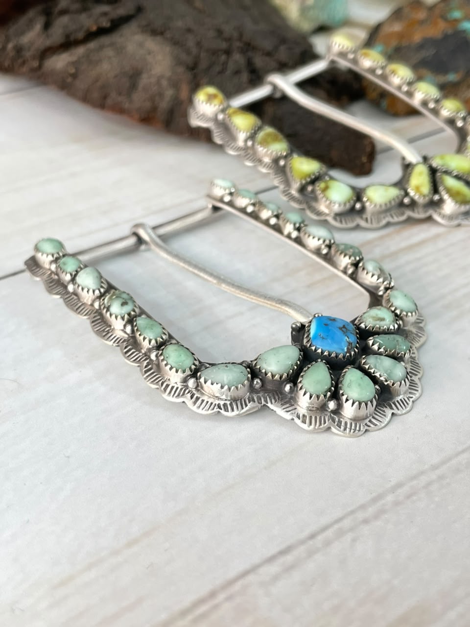 Handmade Sterling Silver Golden Hills with Paloma and Palomino Turquoise Belt Buckle Signed Nizhoni