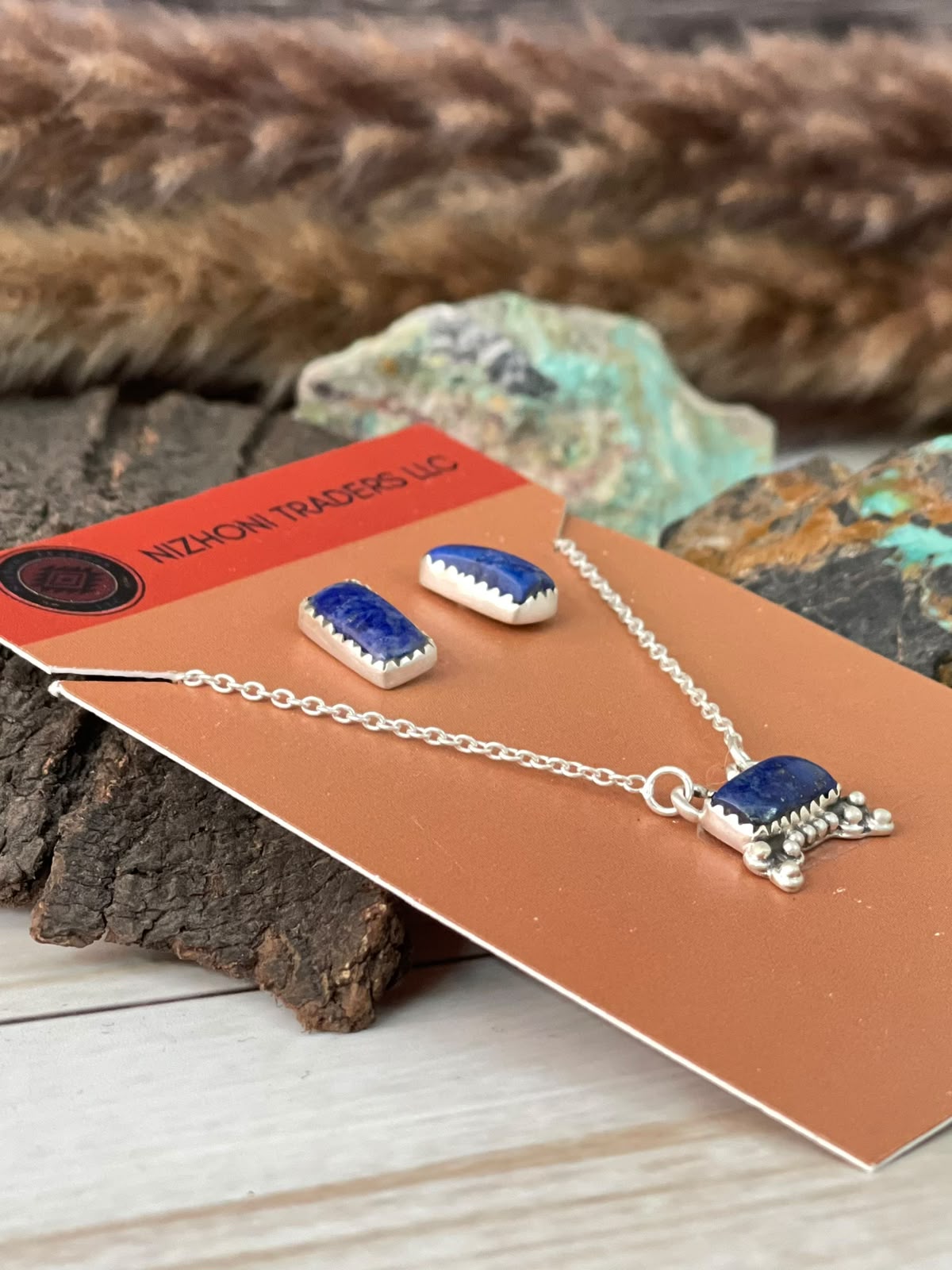 Handmade Sterling Silver Lapis Necklace and Earrings Set Card