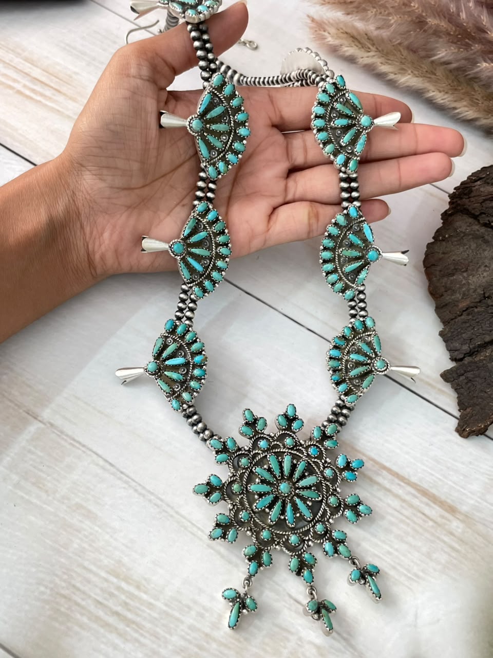 Handmade Sterling Silver Kingman Turquoise Squash Blossom Beaded Necklace Signed Nizhoni
