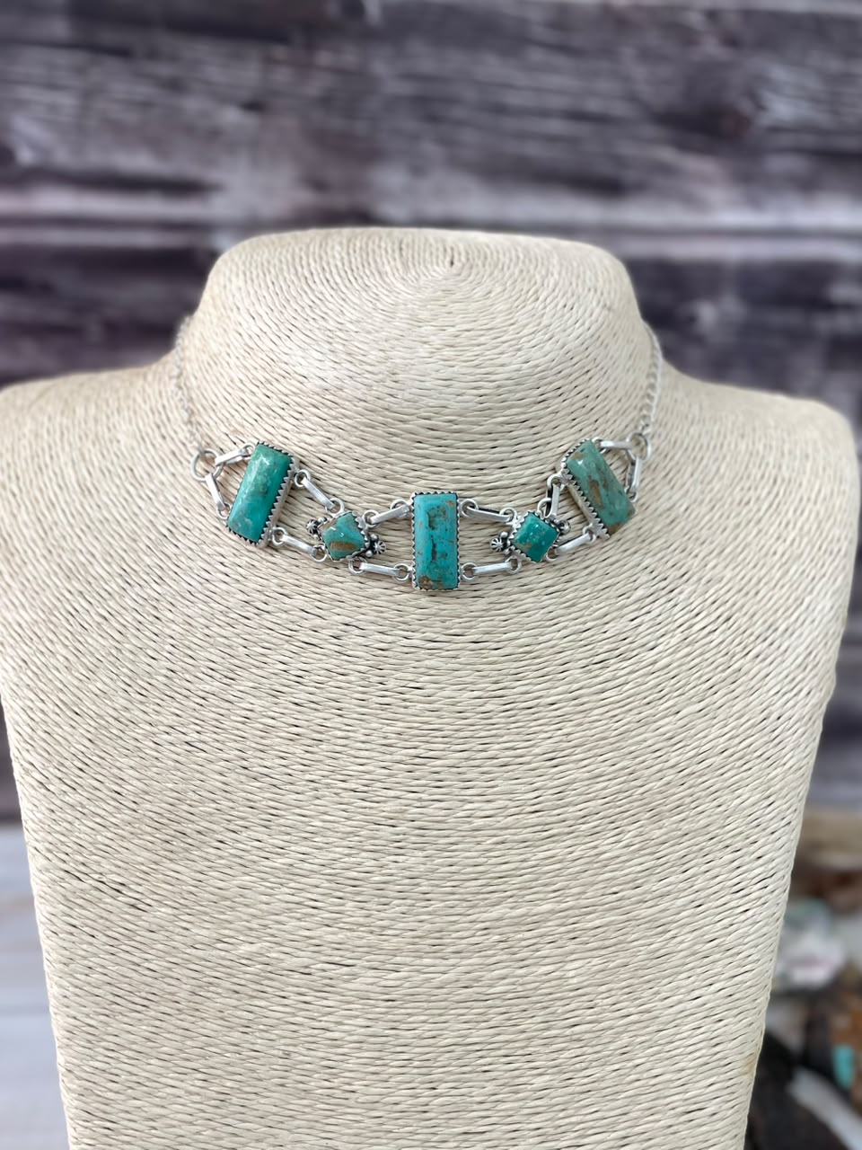 Handmade Sterling Silver Royston Turquoise Choker Necklace Signed Nizhoni