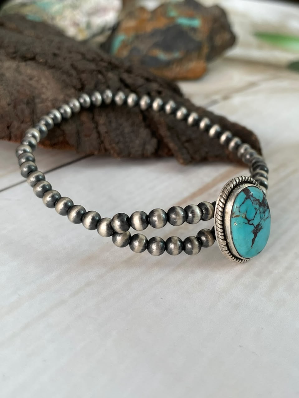 Handmade Sterling Silver Crimson Cowgirl Turquoise Collection: Stretchy Beaded Bracelet Signed Nizhoni