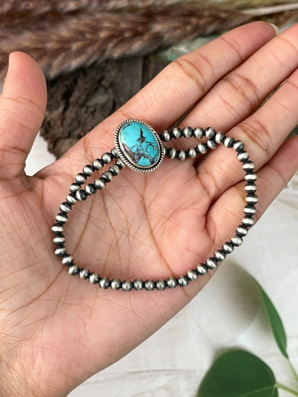 Handmade Sterling Silver Crimson Cowgirl Turquoise Collection: Stretchy Beaded Bracelet Signed Nizhoni