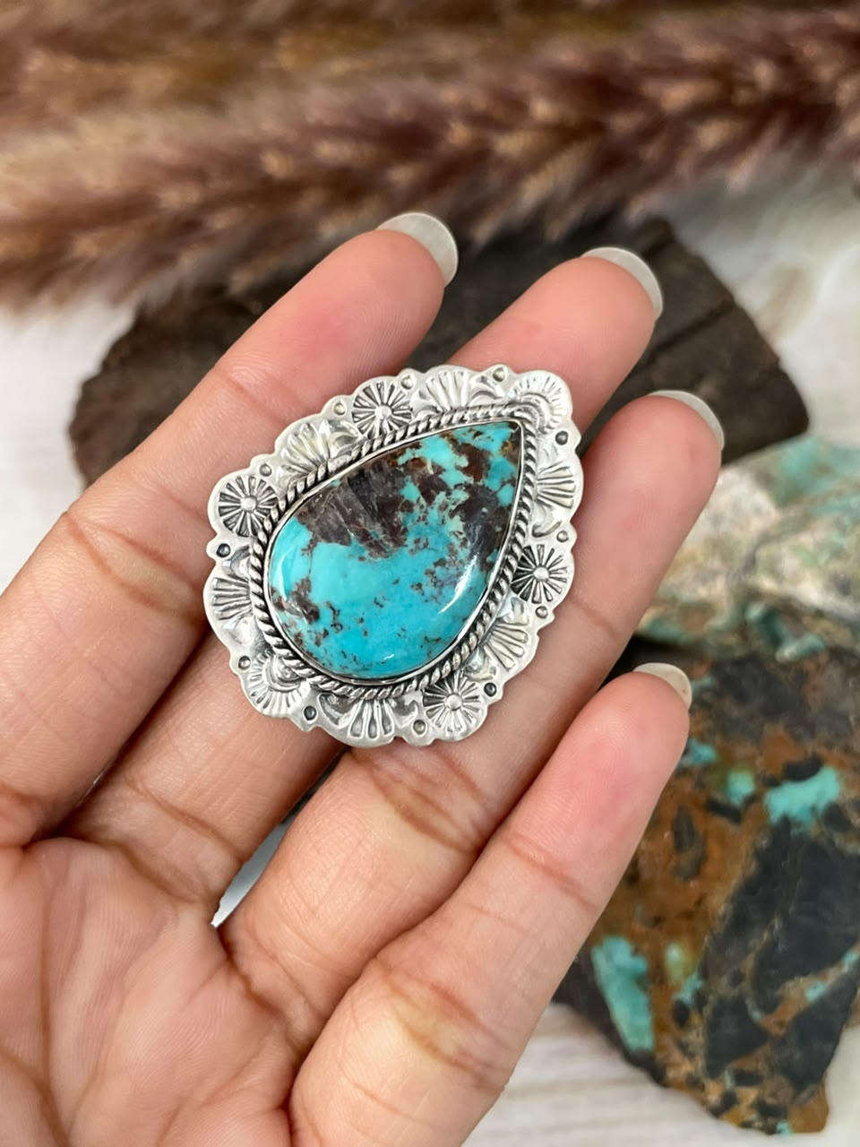 Handmade Sterling Silver Crimson Cowgirl Turquoise Collection: Adjustable Ring Signed Nizhoni