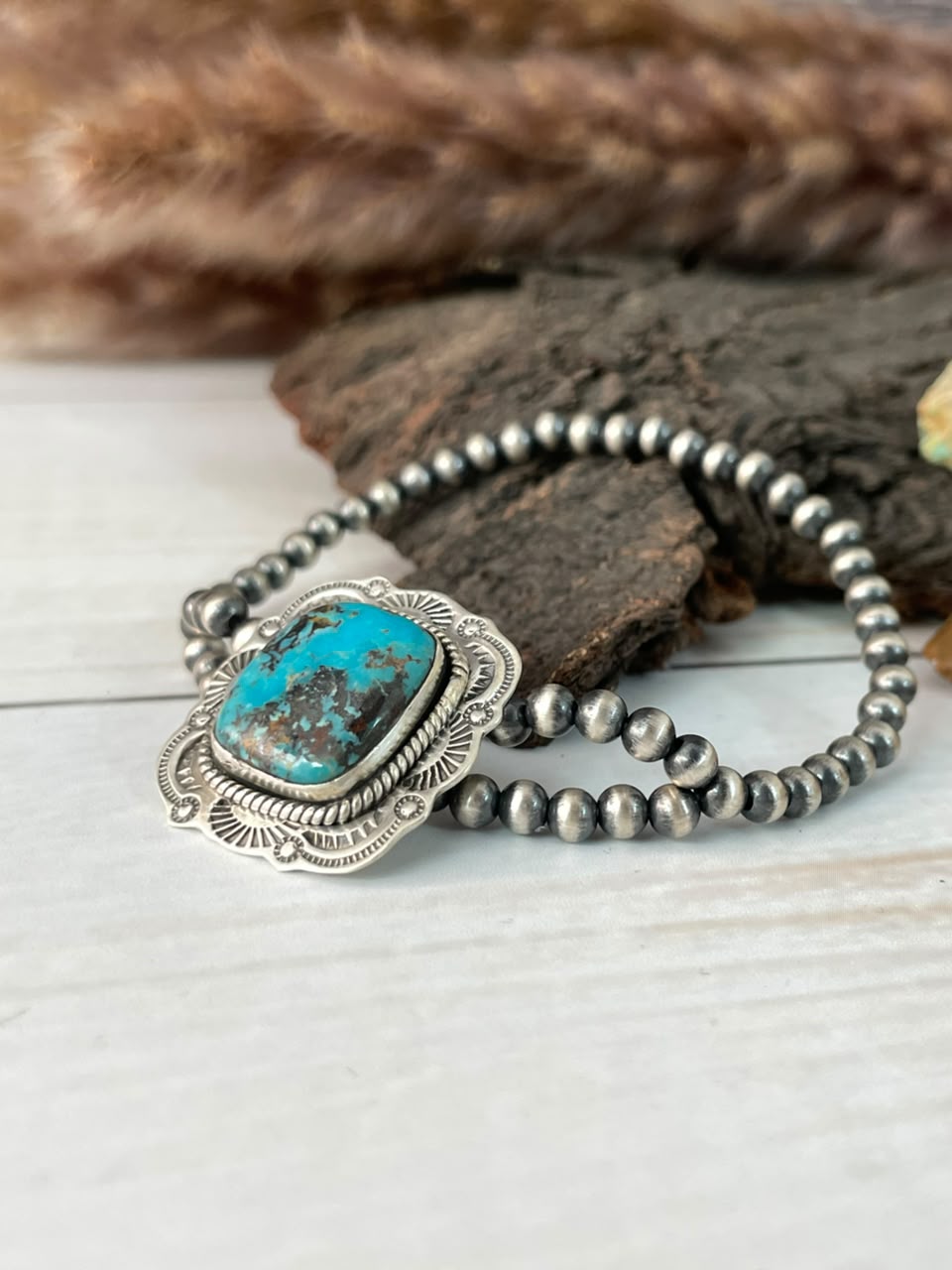 Handmade Sterling Silver Crimson Cowgirl Turquoise Collection: Stretchy Beaded Bracelet Signed Nizhoni