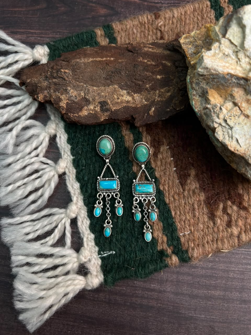 Handmade Sterling Silver Kingman Turquoise Post Dangle Earrings Signed Nizhoni
