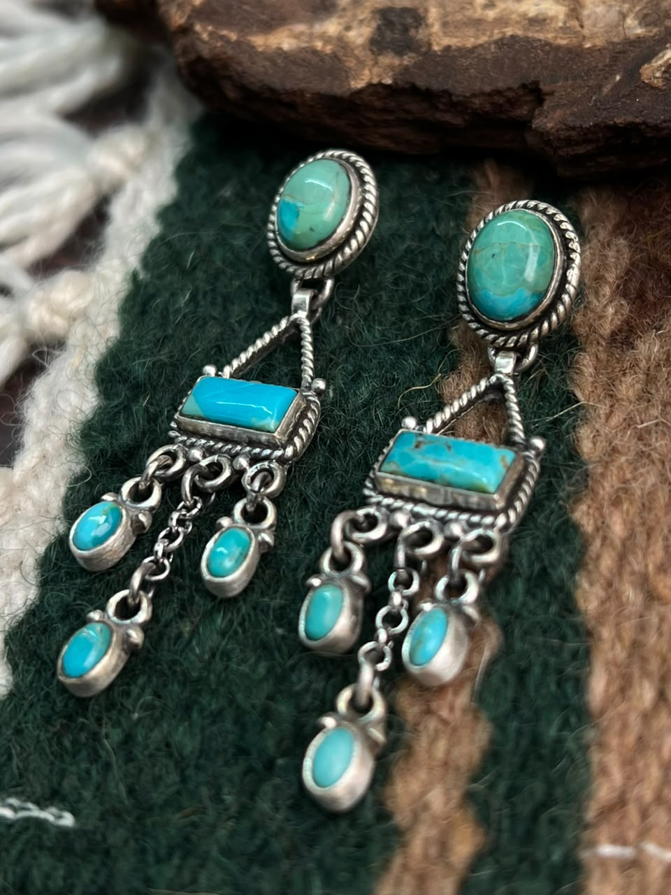 Handmade Sterling Silver Kingman Turquoise Post Dangle Earrings Signed Nizhoni