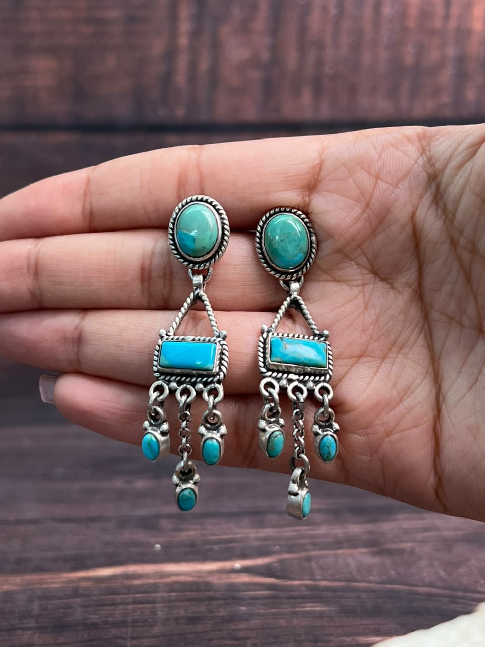 Handmade Sterling Silver Kingman Turquoise Post Dangle Earrings Signed Nizhoni