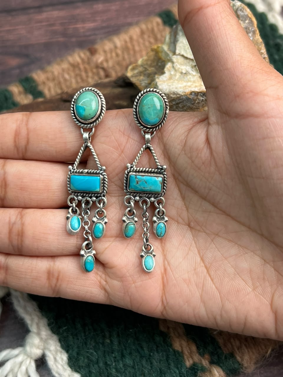 Handmade Sterling Silver Kingman Turquoise Post Dangle Earrings Signed Nizhoni