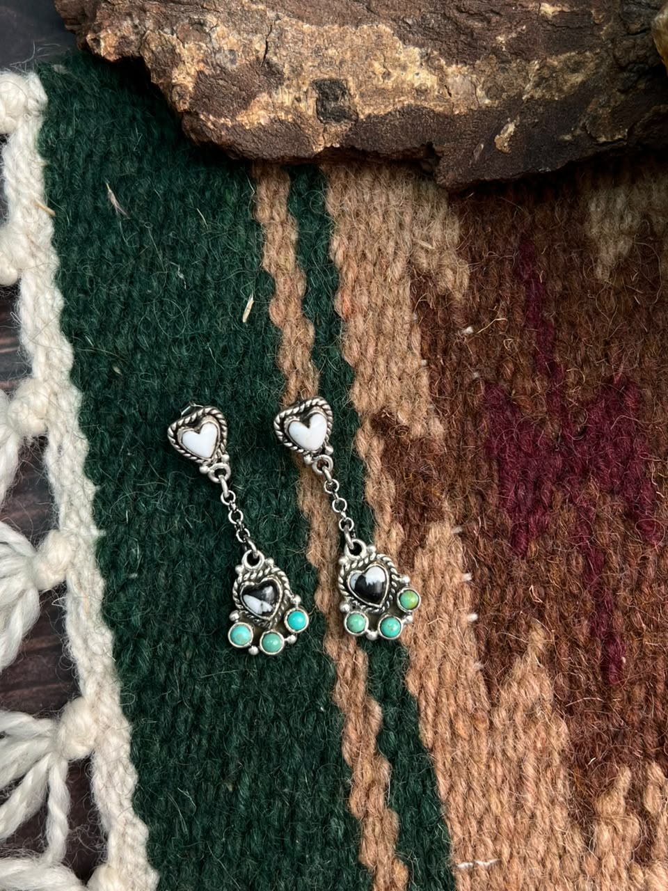 Handmade Sterling Silver Kingman Turquoise with White Buffalo Post Dangle Earrings Signed Nizhoni