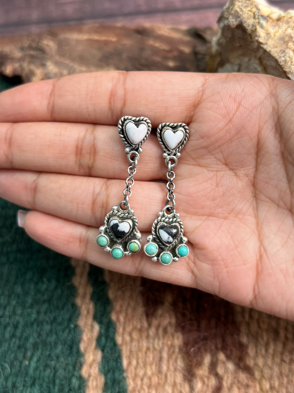Handmade Sterling Silver Kingman Turquoise with White Buffalo Post Dangle Earrings Signed Nizhoni