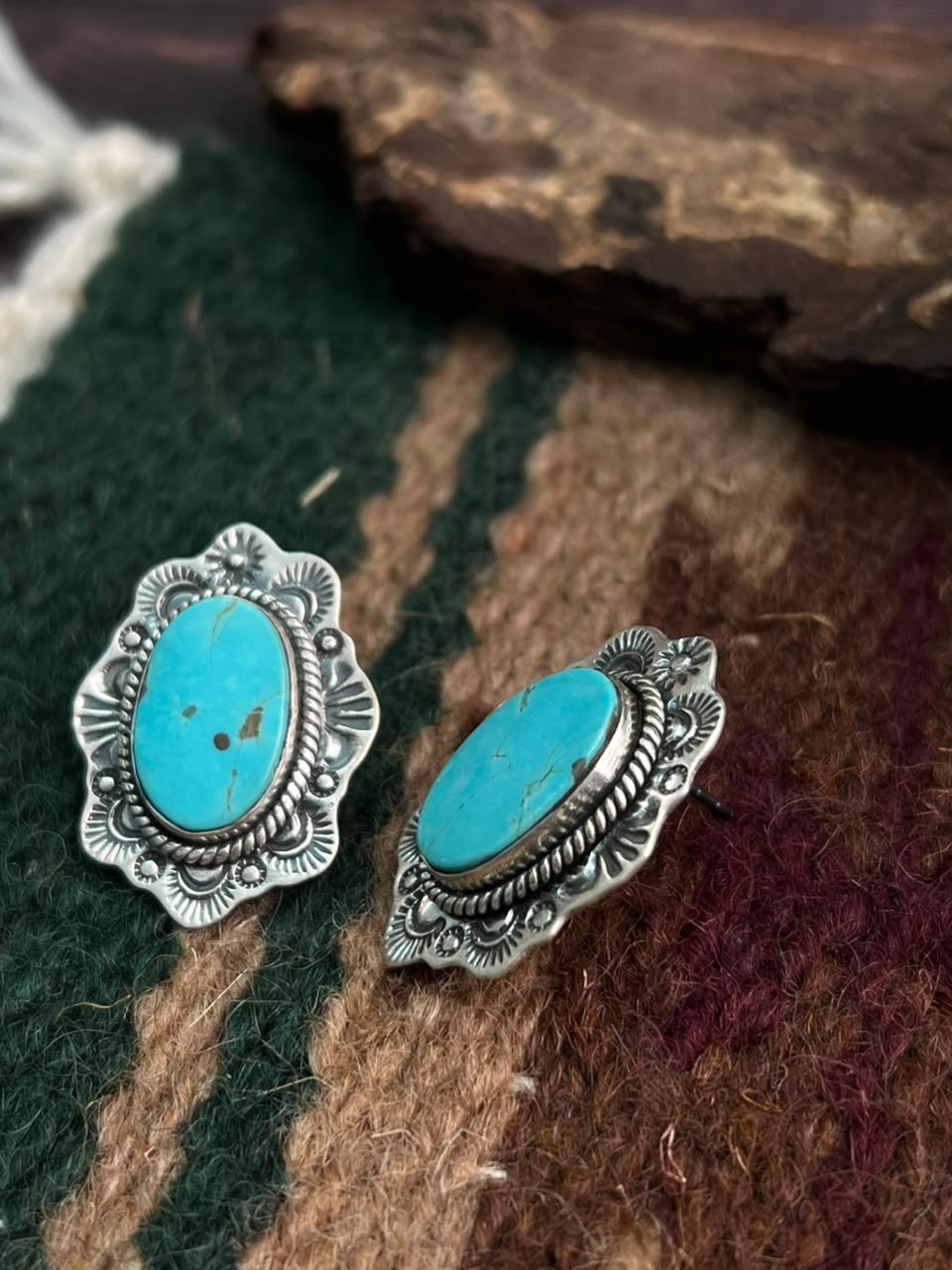 Handmade Sterling Silver Green Kingman Turquoise Post Studs Earrings Signed Nizhoni
