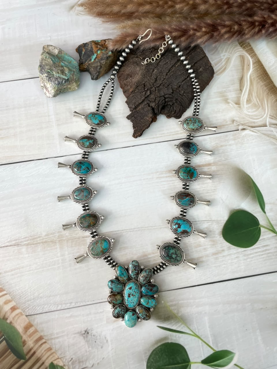 Handmade Sterling Silver Crimson Cowgirl Turquoise Collection: Beaded Squash Blossom Necklace Signed Nizhoni