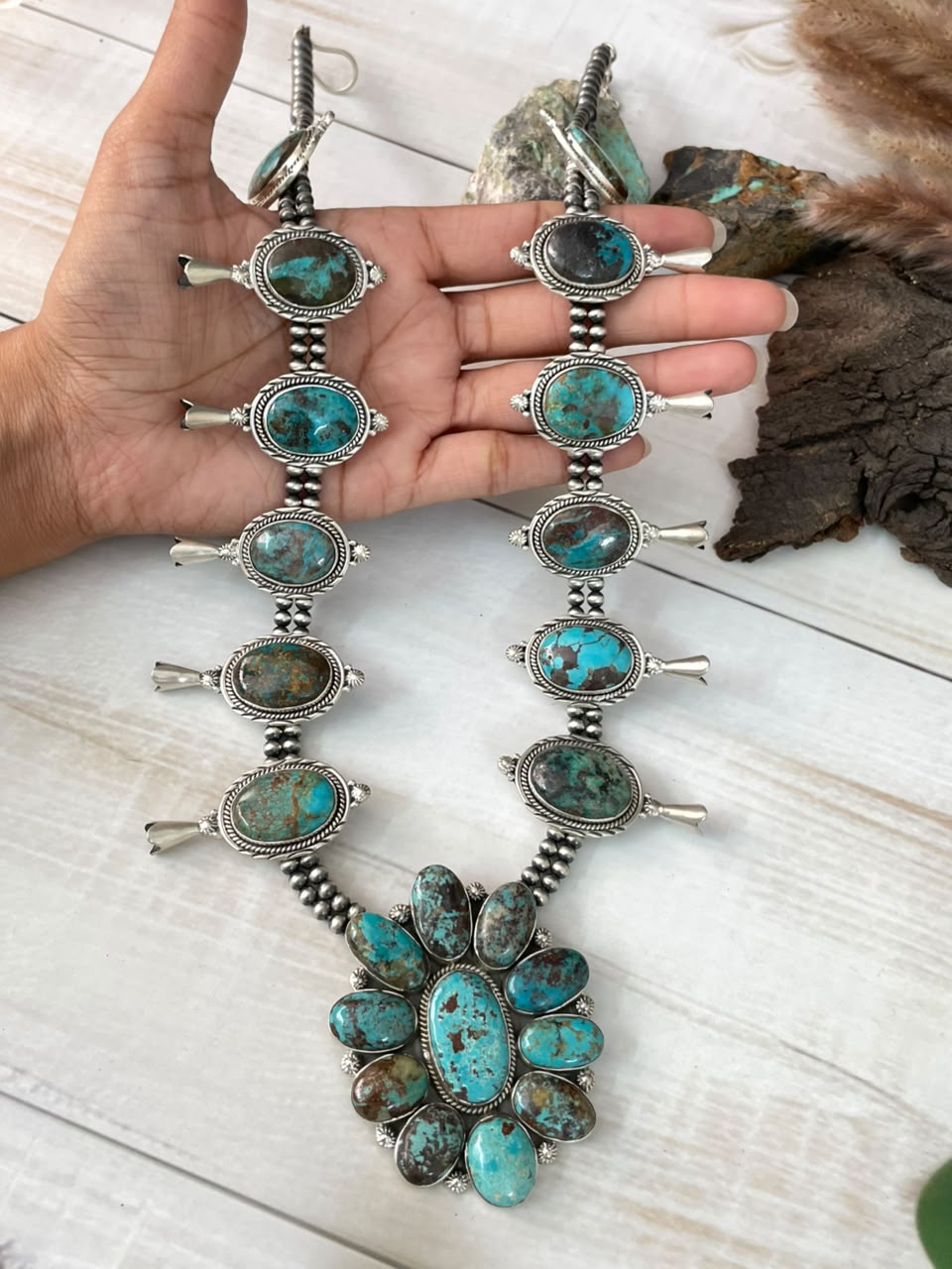 Handmade Sterling Silver Crimson Cowgirl Turquoise Collection: Beaded Squash Blossom Necklace Signed Nizhoni