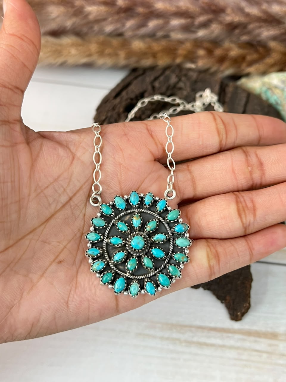 Handmade Sterling Silver Kingman Turquoise Necklace Signed Nizhoni