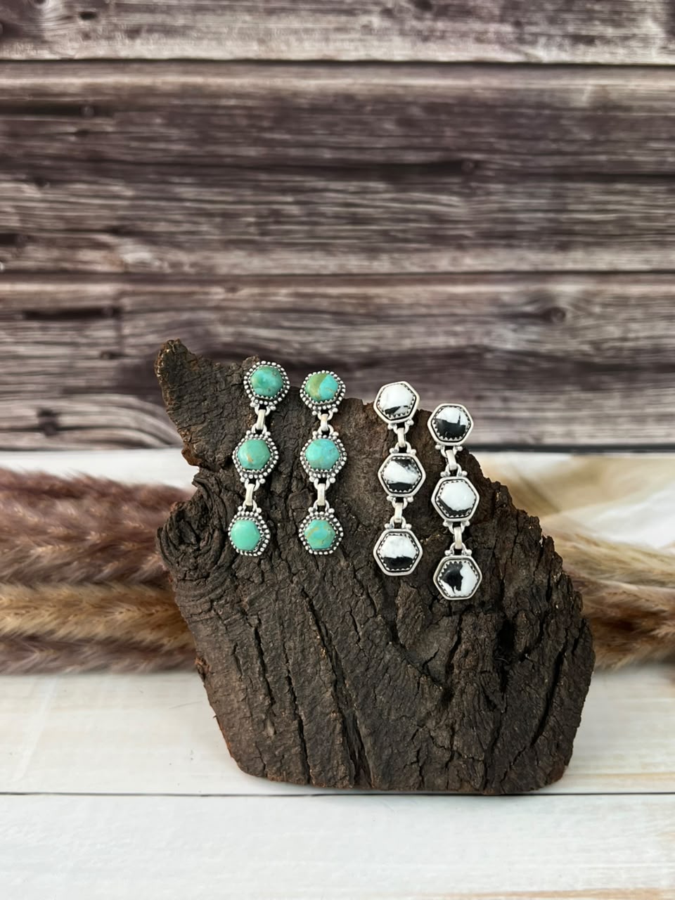 Handmade Sterling Silver Kingman Turquoise and White Buffalo Post Dangle Earrings Signed Nizhoni