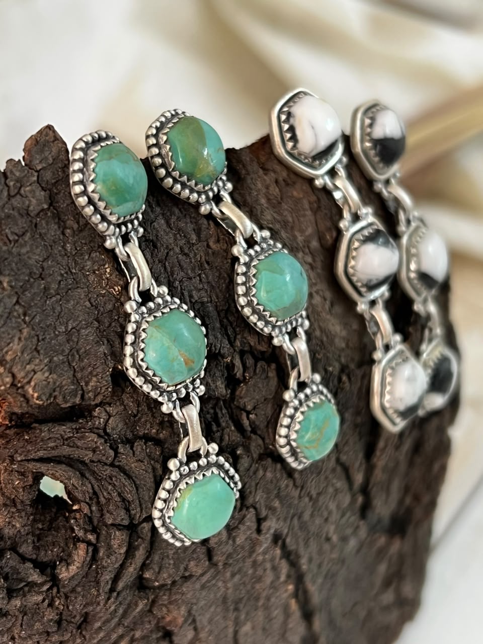 Handmade Sterling Silver Kingman Turquoise and White Buffalo Post Dangle Earrings Signed Nizhoni
