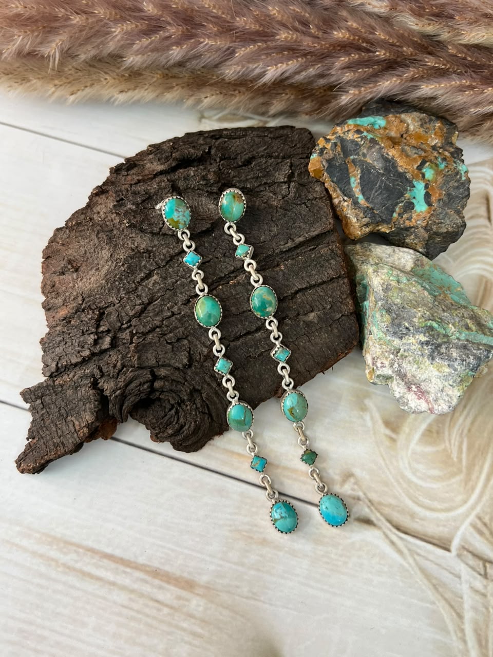 Handmade Sterling Silver Kingman Turquoise Post Dangle Earrings Signed Nizhoni