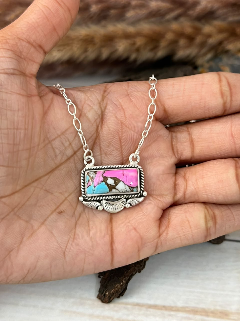Handmade Sterling Silver Cotton Candy Necklace Signed Nizhoni