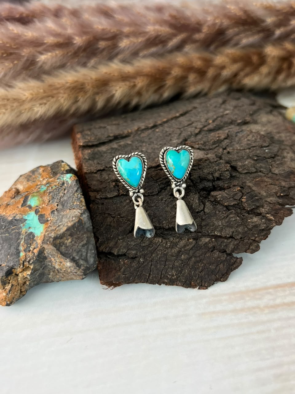 Handmade Sterling Silver Kingman Turquoise Post Squash Blossom Heart Dangle Earrings Signed Nizhoni