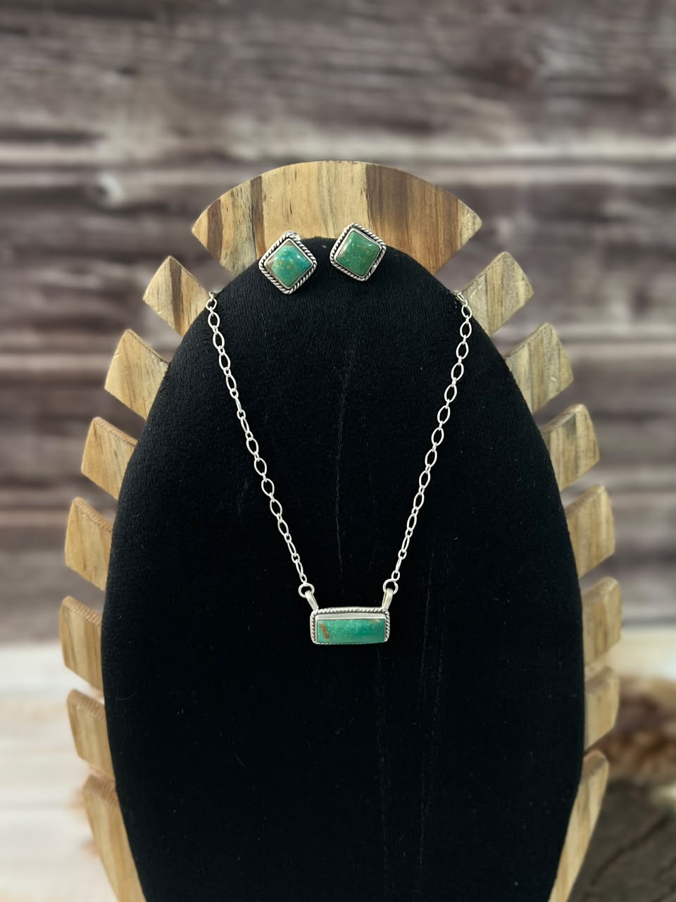 Handmade Sterling Silver Hachita Turquoise Necklace and Earrings Set Signed Nizhoni