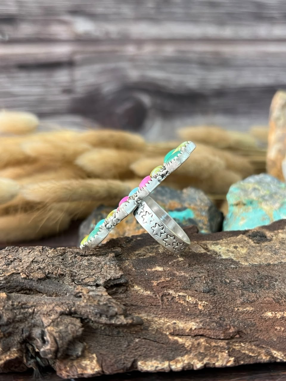 Handmade Sterling Silver Carico Lake with Palomino Turquoise and Cotton Candy Adjustable Ring Signed Nizhoni (6)