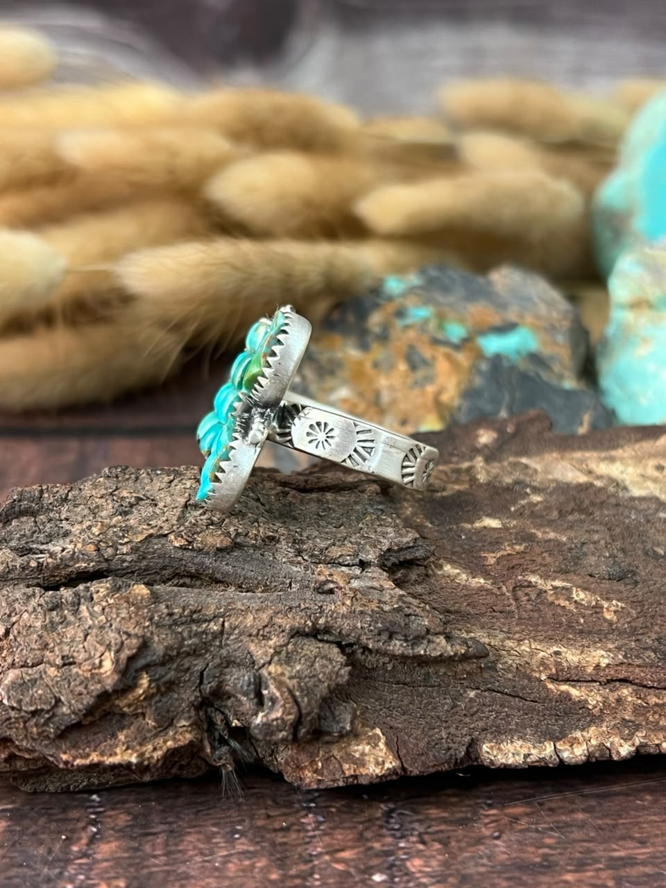 Handmade Sterling Silver Kingman Turquoise Cobble Stone Adjustable Ring Signed Nizhoni