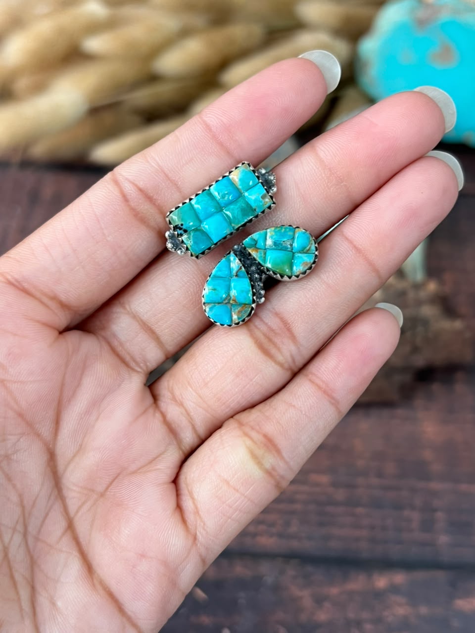 Handmade Sterling Silver Kingman Turquoise Cobble Stone Adjustable Ring Signed Nizhoni