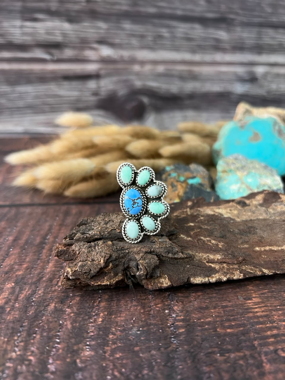 Handmade Sterling Silver Paloma with Golden Hills Turquoise Adjustable Ring Signed Nizhoni