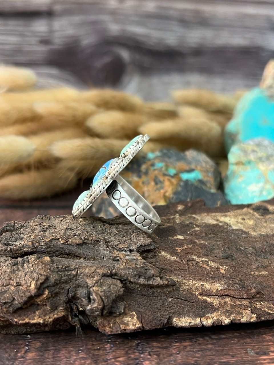 Handmade Sterling Silver Paloma with Golden Hills Turquoise Adjustable Ring Signed Nizhoni