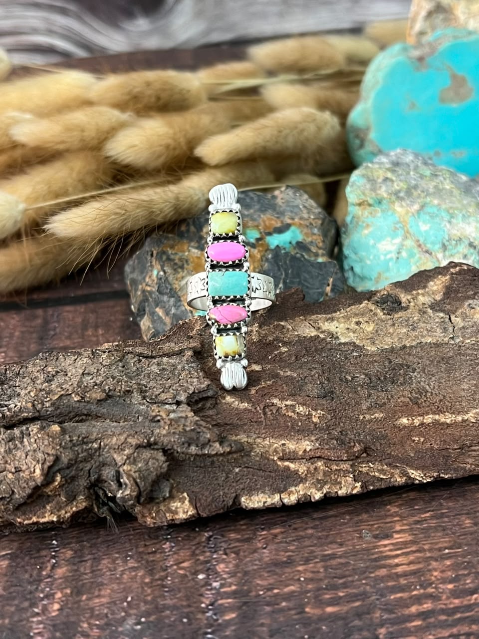 Handmade Sterling Silver Carico Lake with Palomino Turquoise and Cotton Candy Adjustable Ring Signed Nizhoni (7)