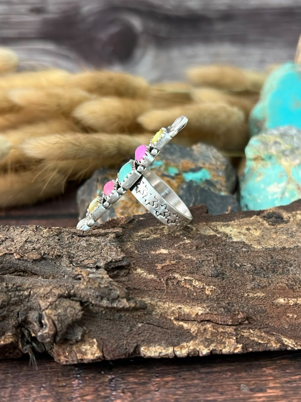 Handmade Sterling Silver Carico Lake with Palomino Turquoise and Cotton Candy Adjustable Ring Signed Nizhoni (7)