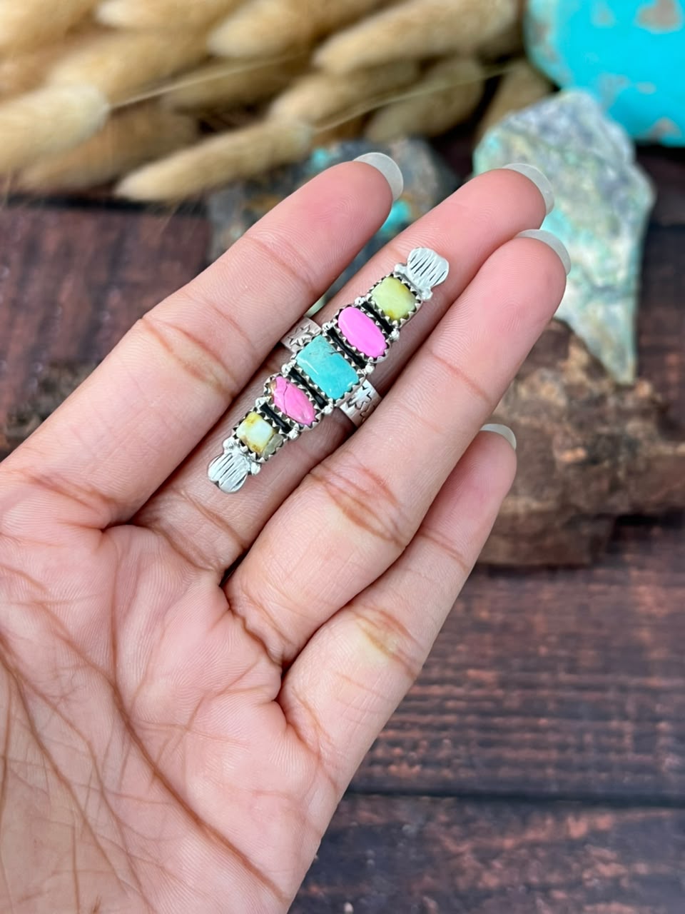 Handmade Sterling Silver Carico Lake with Palomino Turquoise and Cotton Candy Adjustable Ring Signed Nizhoni (7)