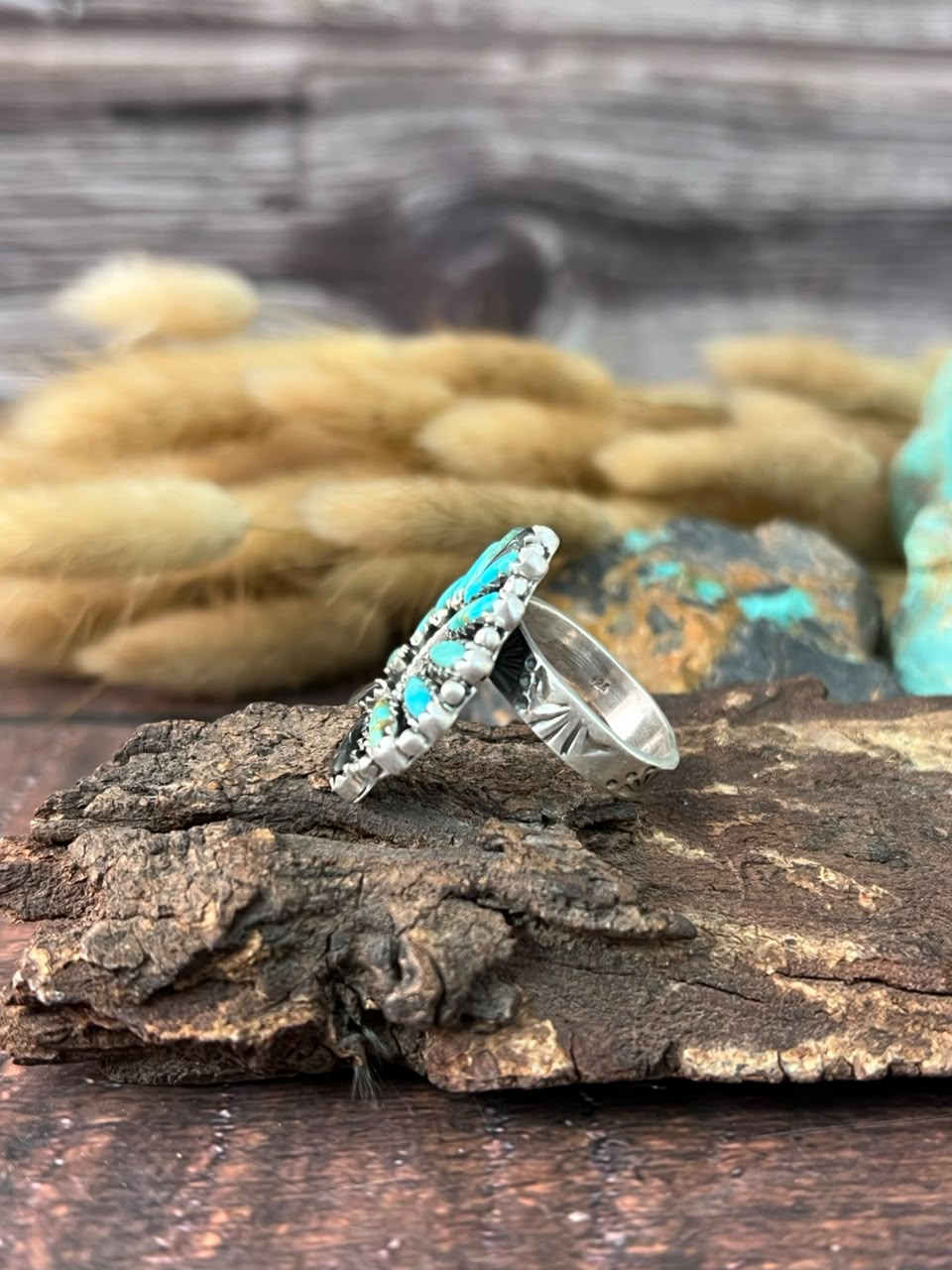 Handmade Sterling Silver White Buffalo with Kingman Turquoise Naja Adjustable Ring Signed Nizhoni