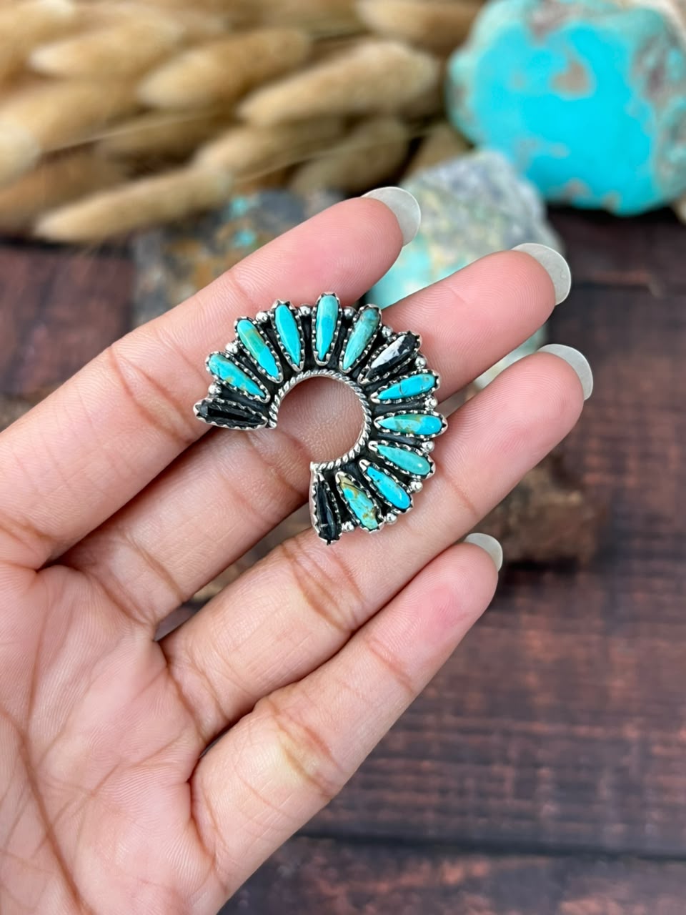 Handmade Sterling Silver White Buffalo with Kingman Turquoise Naja Adjustable Ring Signed Nizhoni