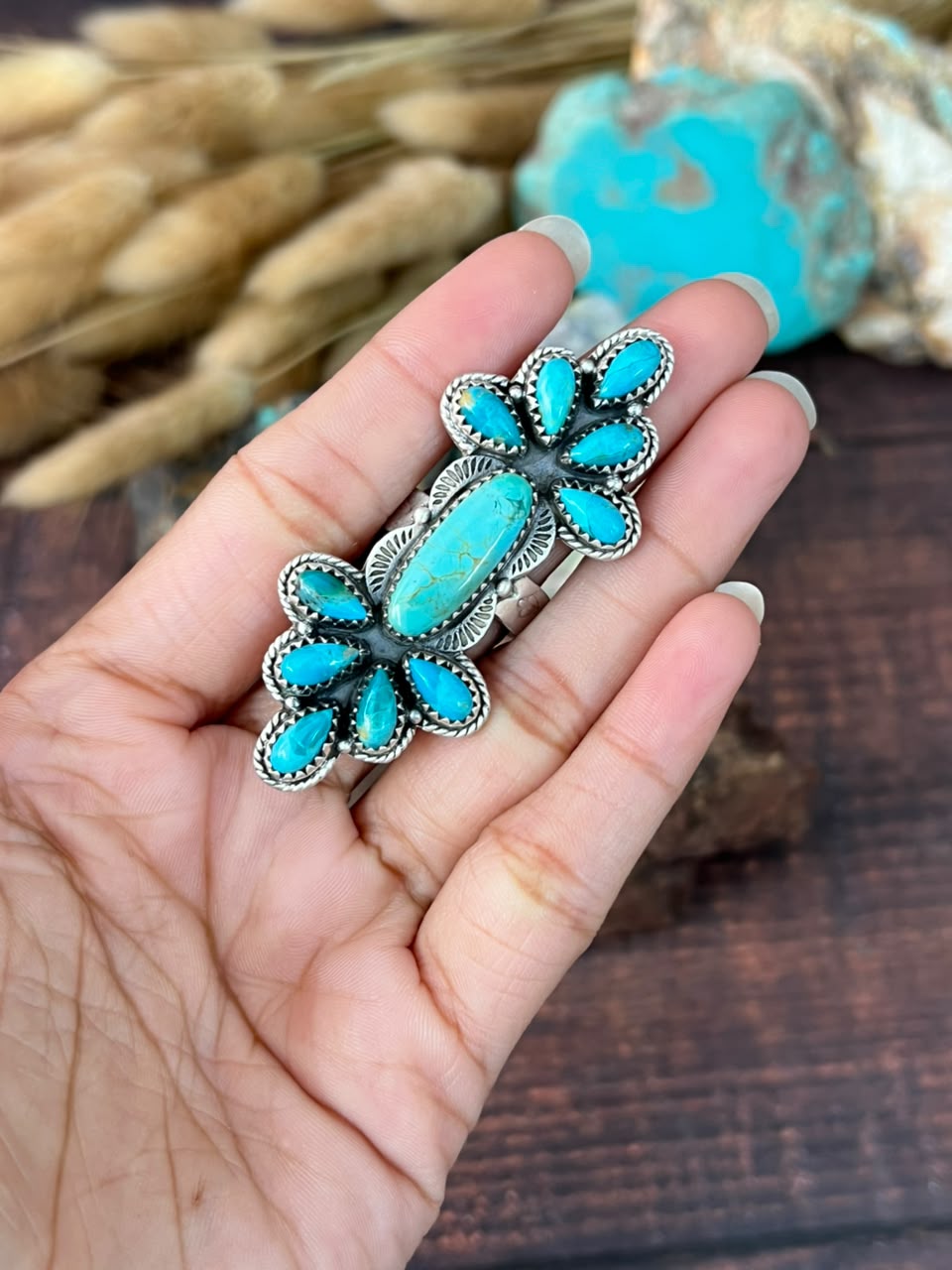 Handmade Sterling Silver Kingman Turquoise Adjustable Ring Signed Nizhoni