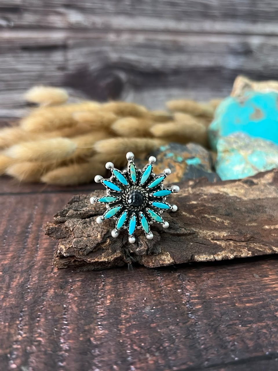 Handmade Sterling Silver White Buffalo with Kingman Turquoise Adjustable Ring Signed Nizhoni