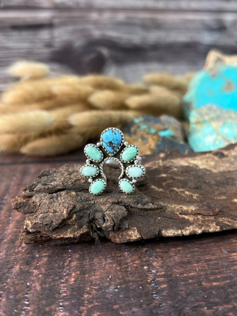 Handmade Sterling Silver Paloma with Golden Hills Turquoise Naja Adjustable Ring Signed Nizhoni (9)