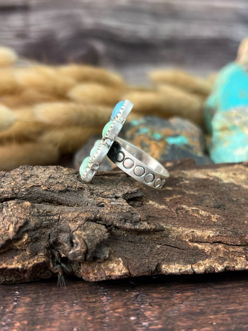 Handmade Sterling Silver Paloma with Golden Hills Turquoise Naja Adjustable Ring Signed Nizhoni (9)