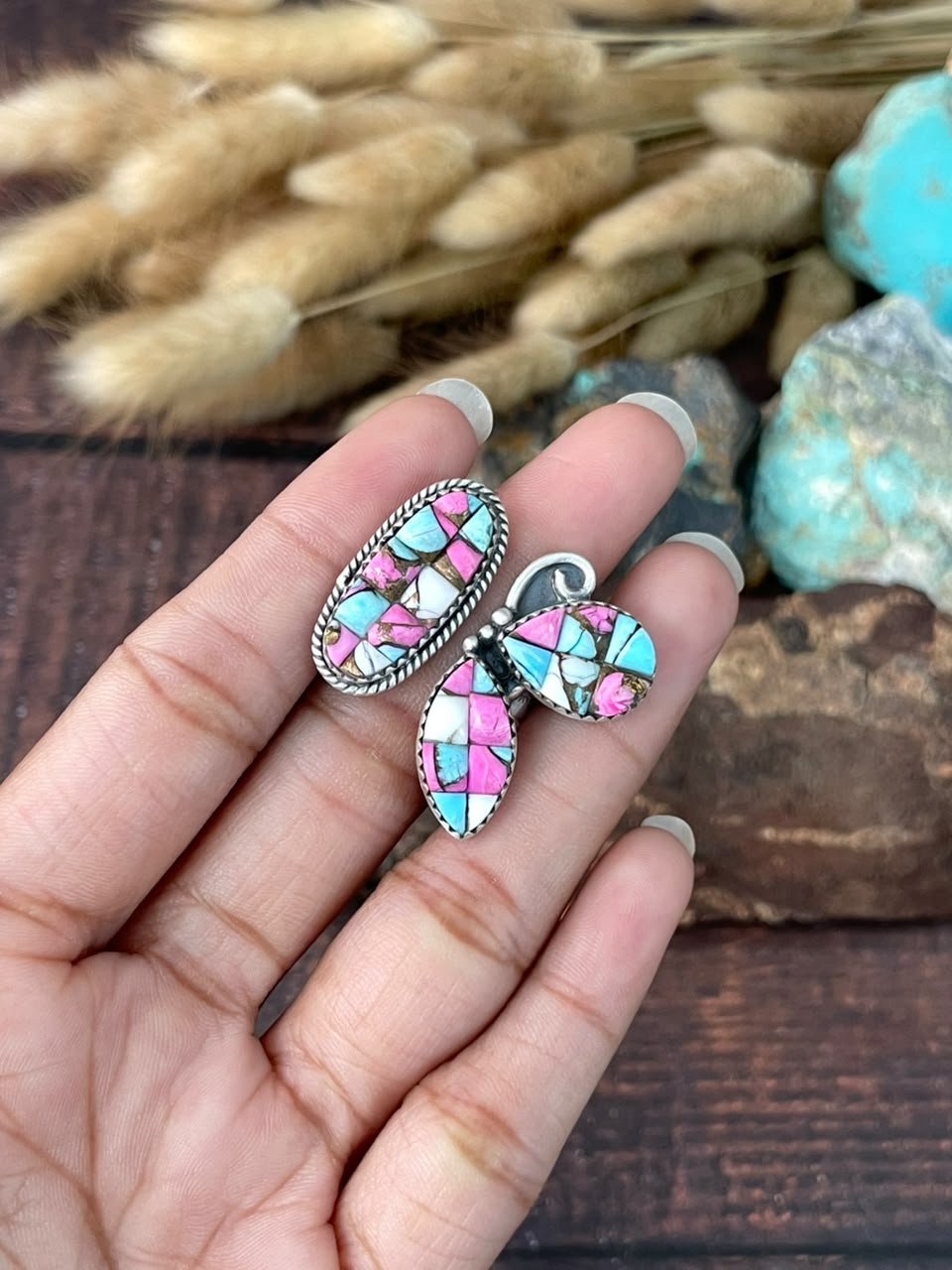 Handmade Sterling Silver Cotton Candy Cobble Stone Adjustable Ring Signed Nizhoni